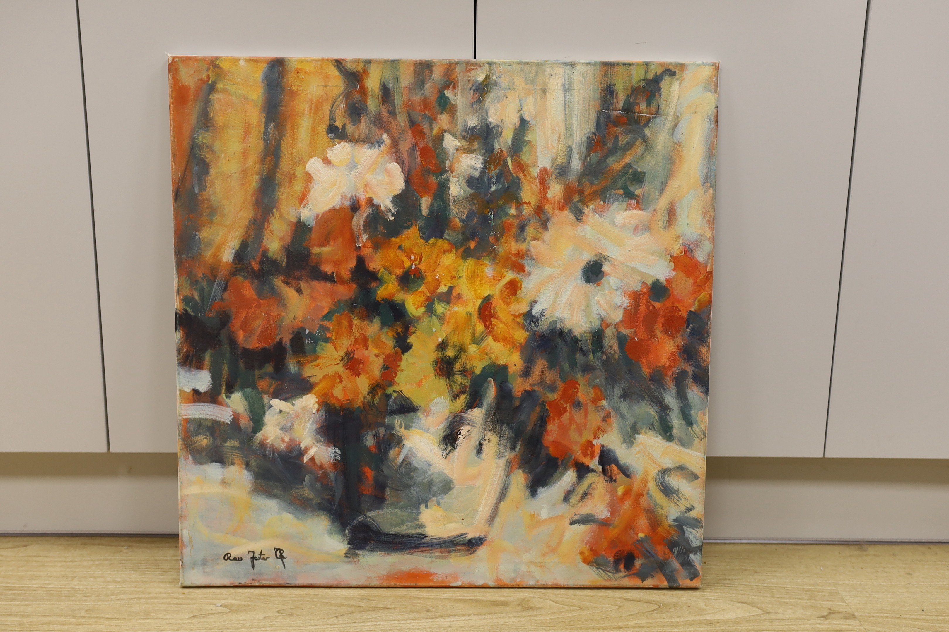 Ross Foster (Contemporary), oil on canvas, Still life of flowers in a vase, signed, 70 x 70cm, unframed